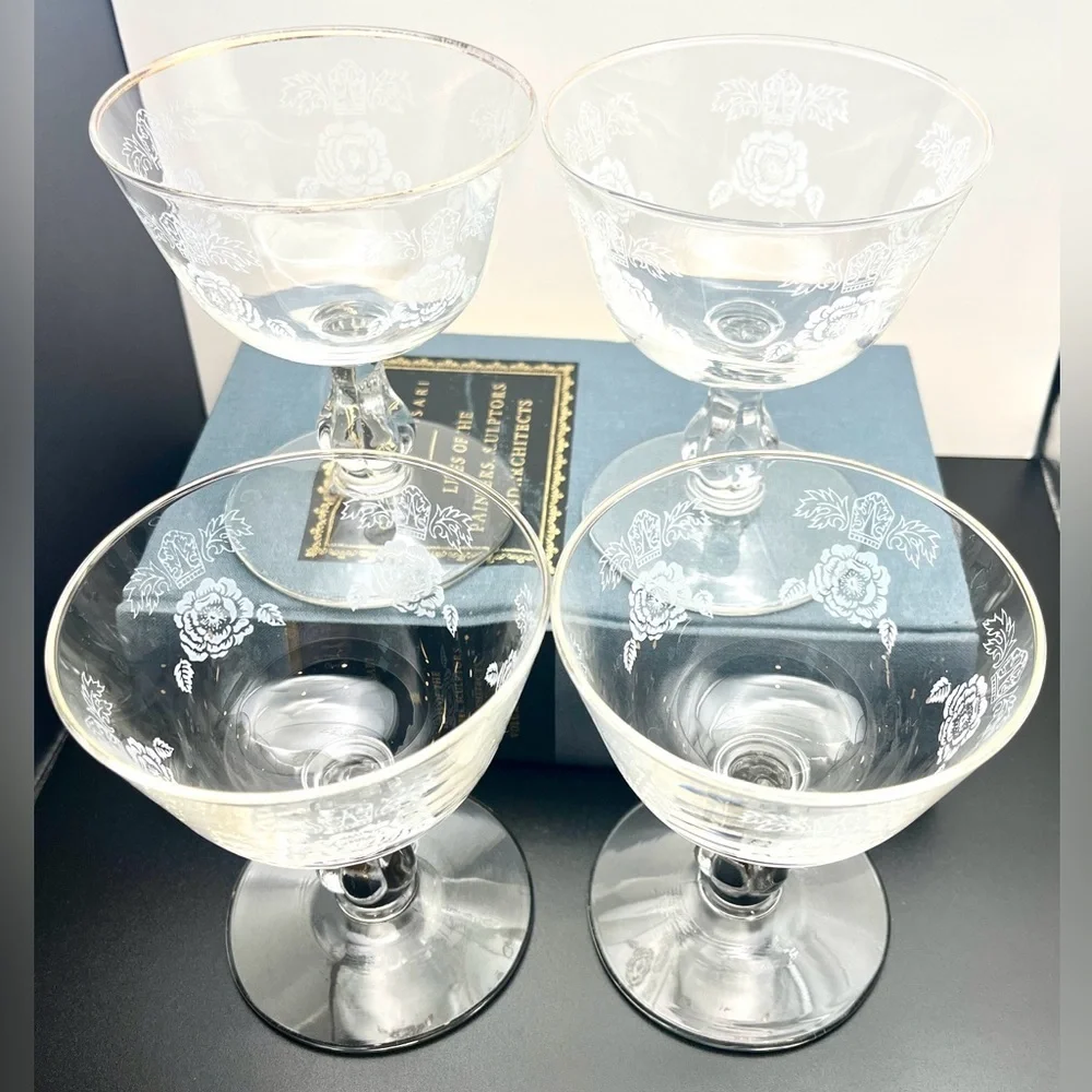 Homer Laughlin 1950’s Queen Esther Rose Floral Etched Sherbert Glasses Set of 4